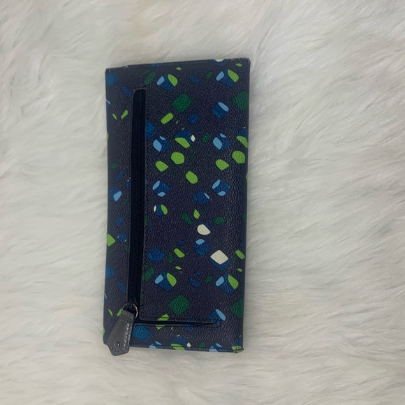 Vera Bradley Ink Spots Navy Blue Green Trifold Wallet - Picture 2 of 5